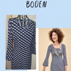BODEN "MIRIAM" NAVY, WHITE UMBRELLA PRINT KNIT DRESS~FIT & FLARE~BELL SLEEVES~8